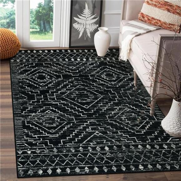 Wonnitar Moroccan Rug, Black Washable Small Rug for Bedroom, Non-Slip Geometric - Picture 1 of 6